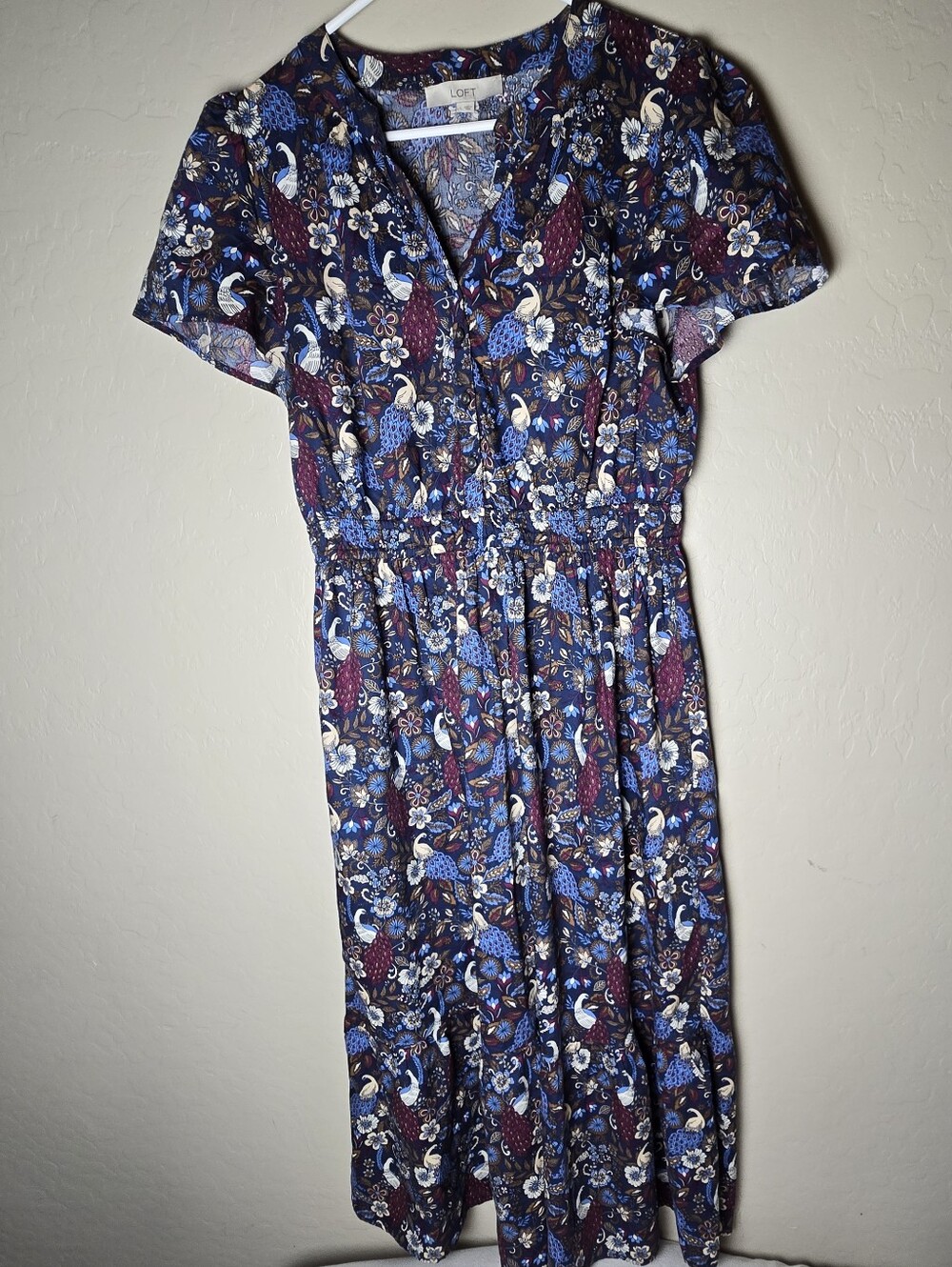 LOFT Midi Dress | Dark Blue Smocked Waist Peacock Floral Print | XL